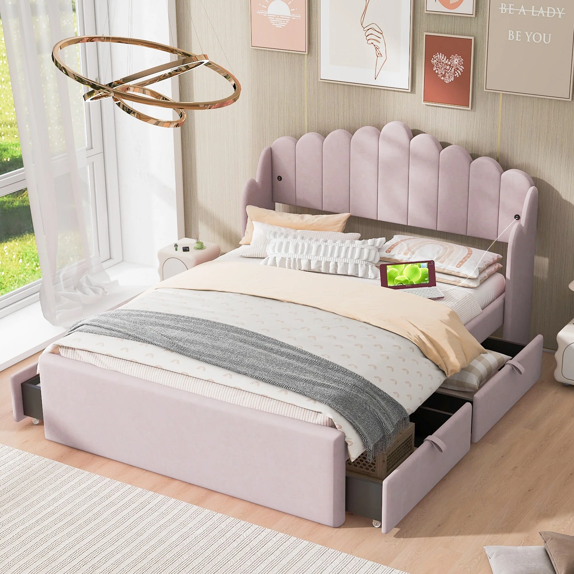 Pink Full Platform Bed with Storage Drawers and USB Headboard for Convenience