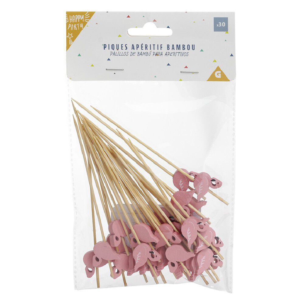 Pique pour apéritif décor pastéque, ananas, cactus ou flamand rose en bambou x30