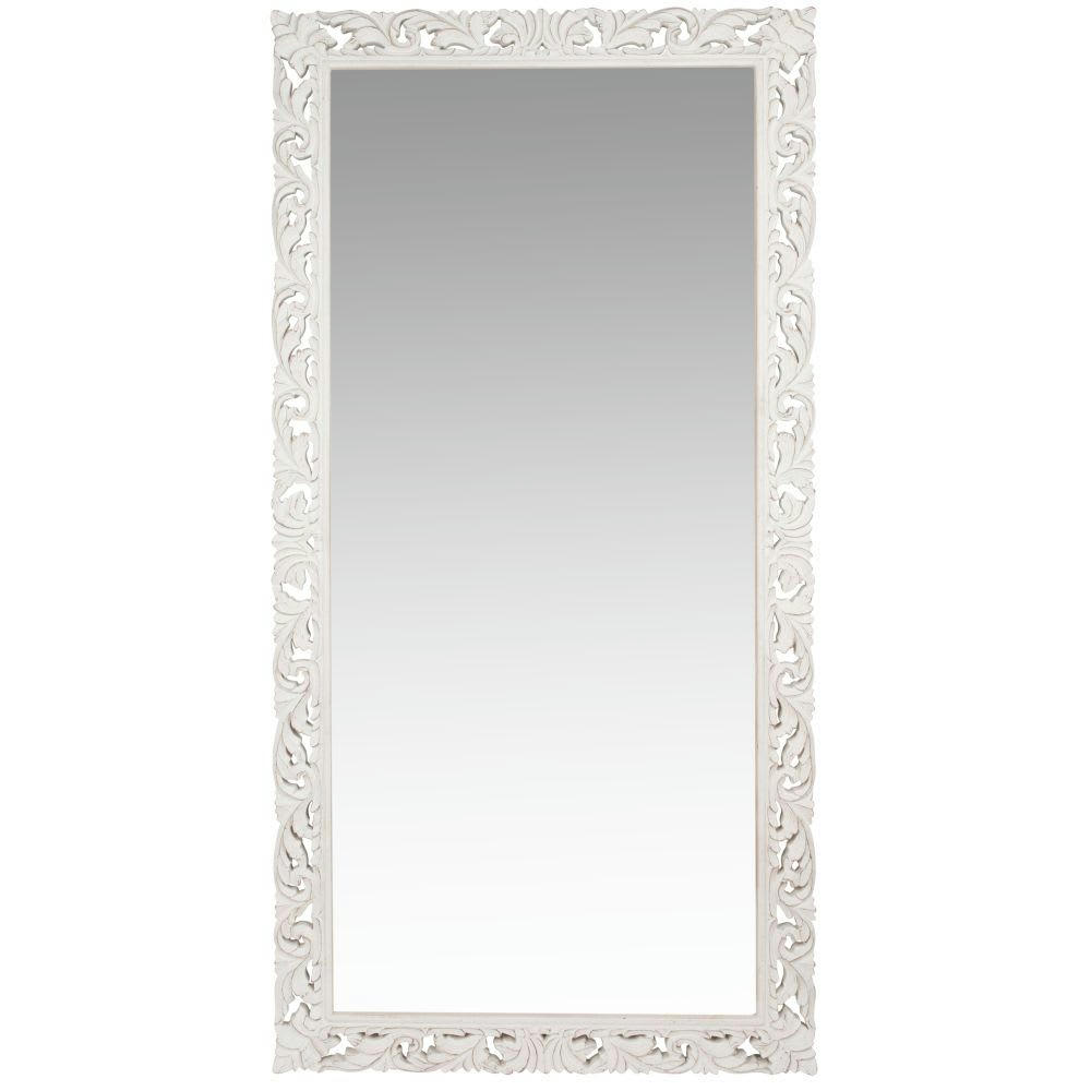 LOMBOK - Grand miroir rectangulaire en bois de manguier sculpté blanc 90x180