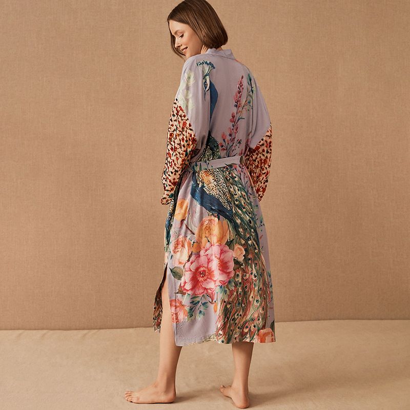 PEACH ACCESSORIES Lavender & Rose Floral & Peacock Kimono Robe