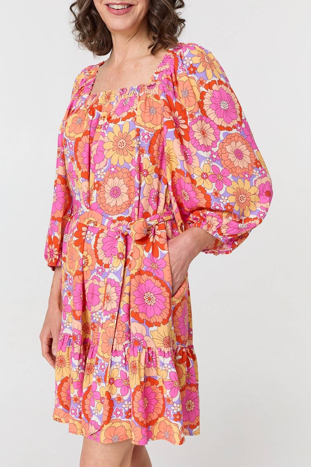 Izabel London Vintage Floral Tie Waist Short Dress