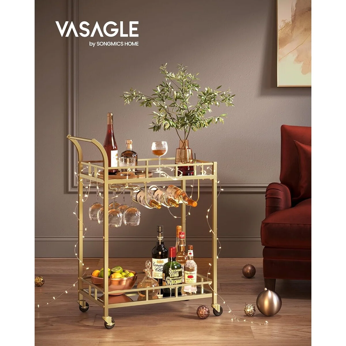 VASAGLE Bar Cart Gold, Home Bar Serving Cart, Wine Cart with 2 Shelves