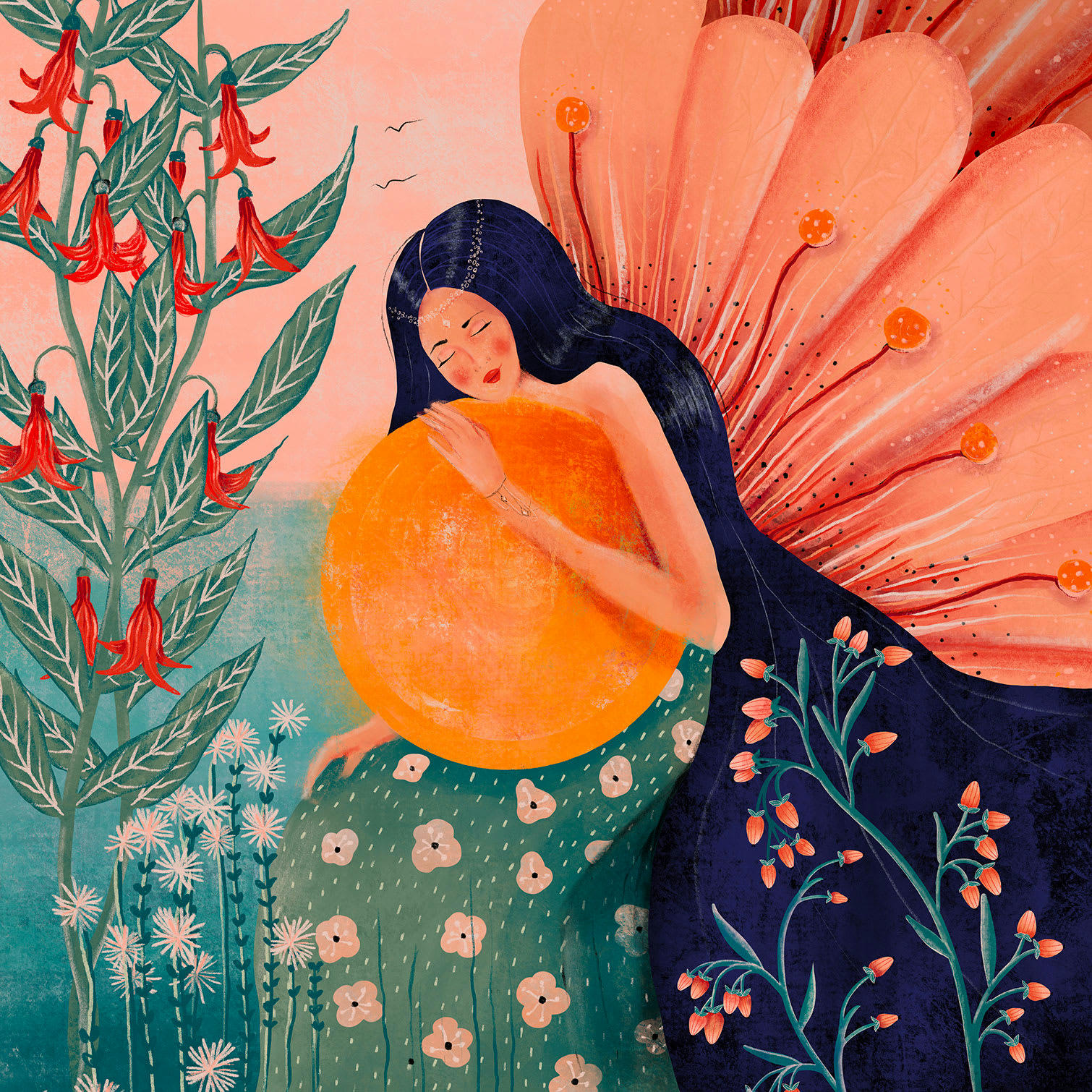 - Tableau princesse aux fleurs imprimé sur toile 80x80cm