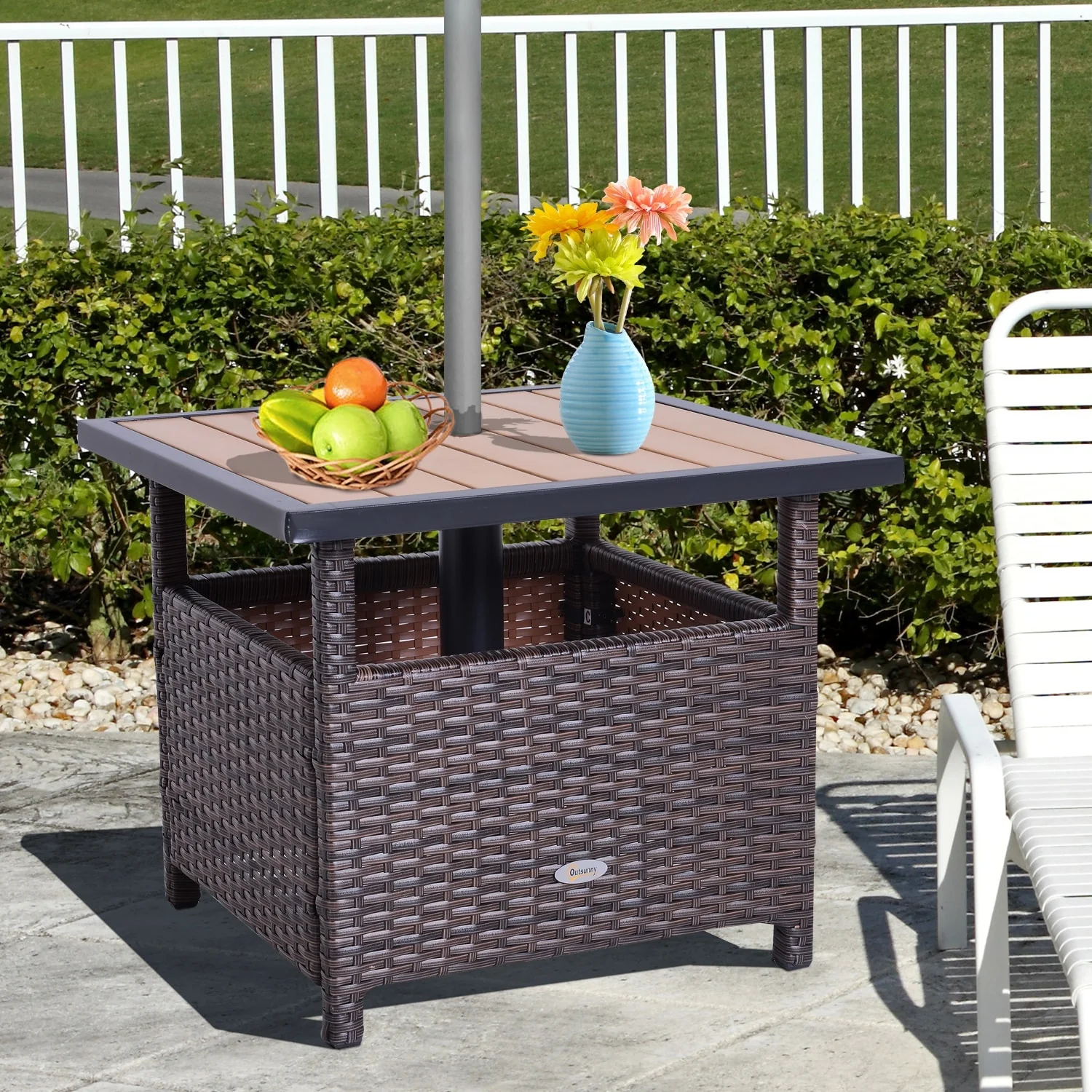 Outsunny Rattan Wicker Outdoor Accent Table with Umbrella Insert