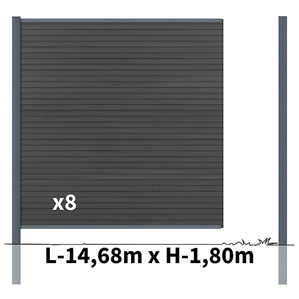 Kit Clôture Bois Composite Ardoise 14,5x1,8m SANTOS - Poteaux en Aluminium Gris - Brise Vue - Palissade