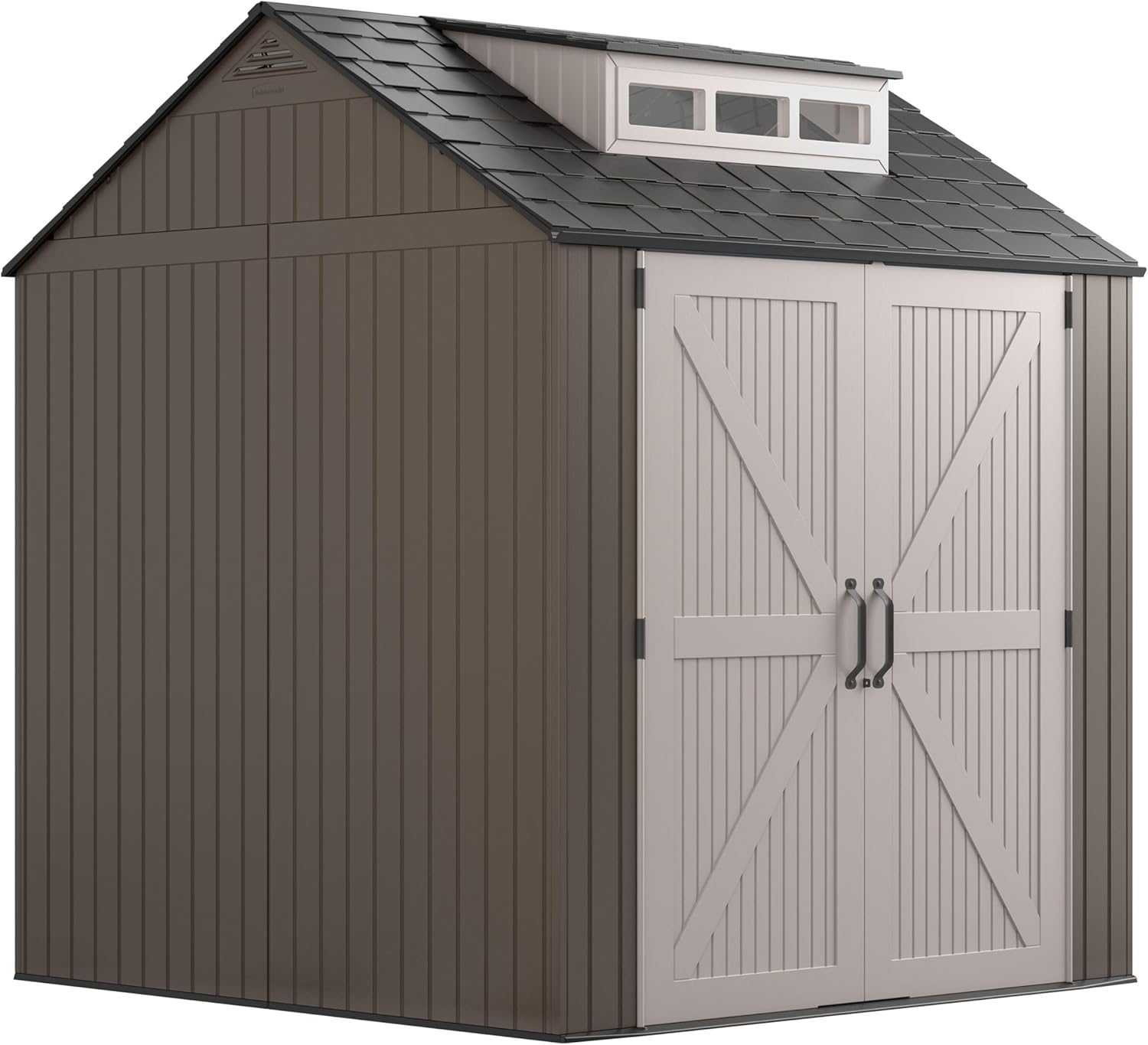 Rubbermaid Large Resin Outdoor Storage Shed With Floor (7 x 7 Ft.)  Weather Resistant  Brown  Organization for Home/Lawn Mower/Backyard Equipment/Bike Storage/Pool Supplies