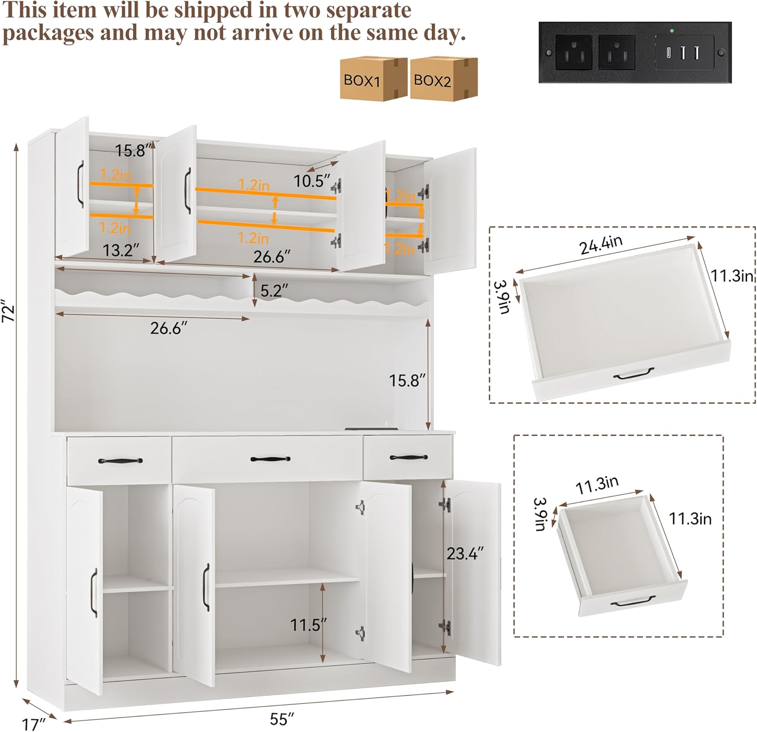 72 Tall Kitchen Pantry Cabinet with Charging Station 55 Wide Kitchen Hutch Cabinet with LED Light and Countertop Large Kitchen Pantry Storage Cabinet With Adjustable Shelves and Wine Rack