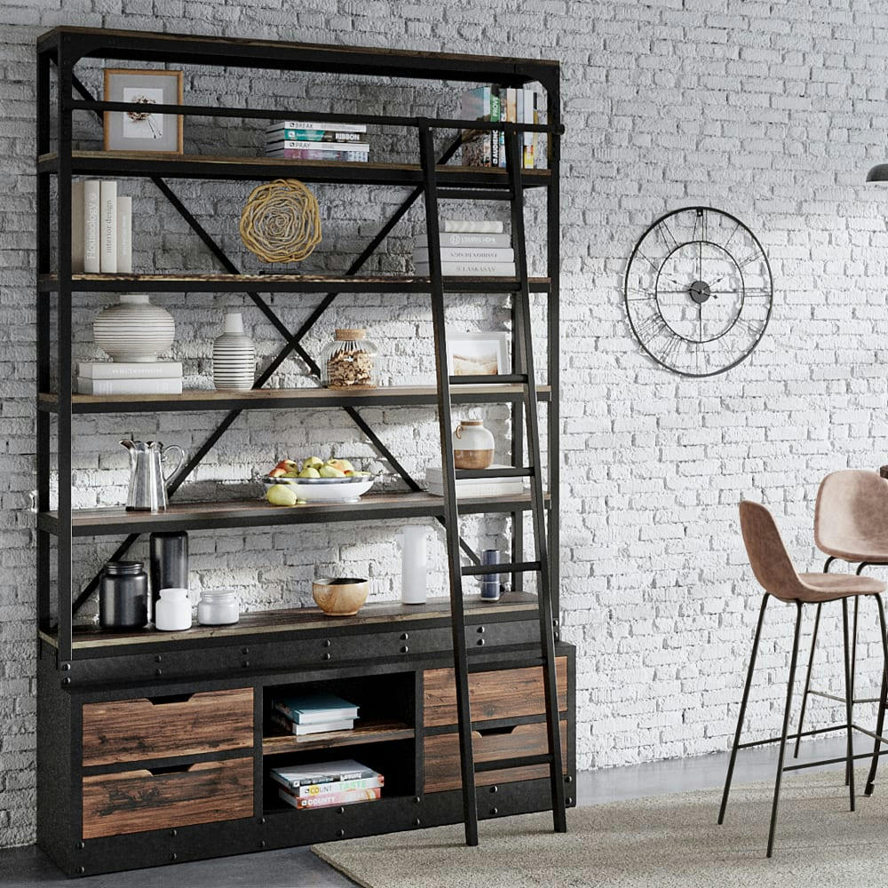 KASI - Bibliothèque 160 cm en bois et métal avec échelle, 4 tiroirs