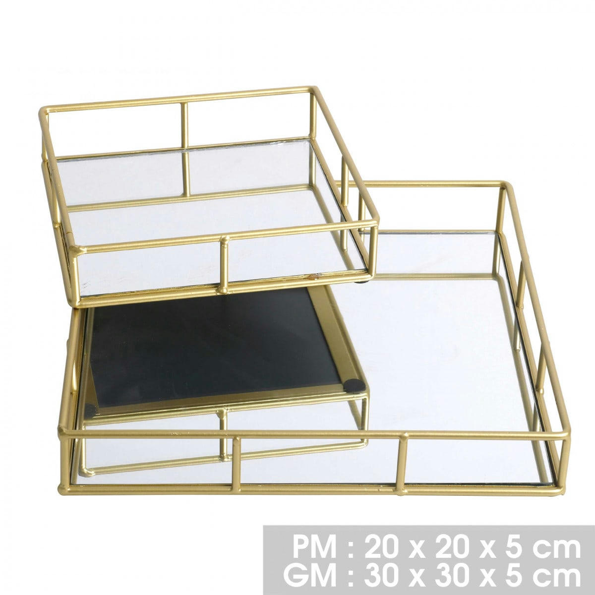 MIROIR - Set de 2 plateaux en métal doré et miroir carrés 30x30x5cm