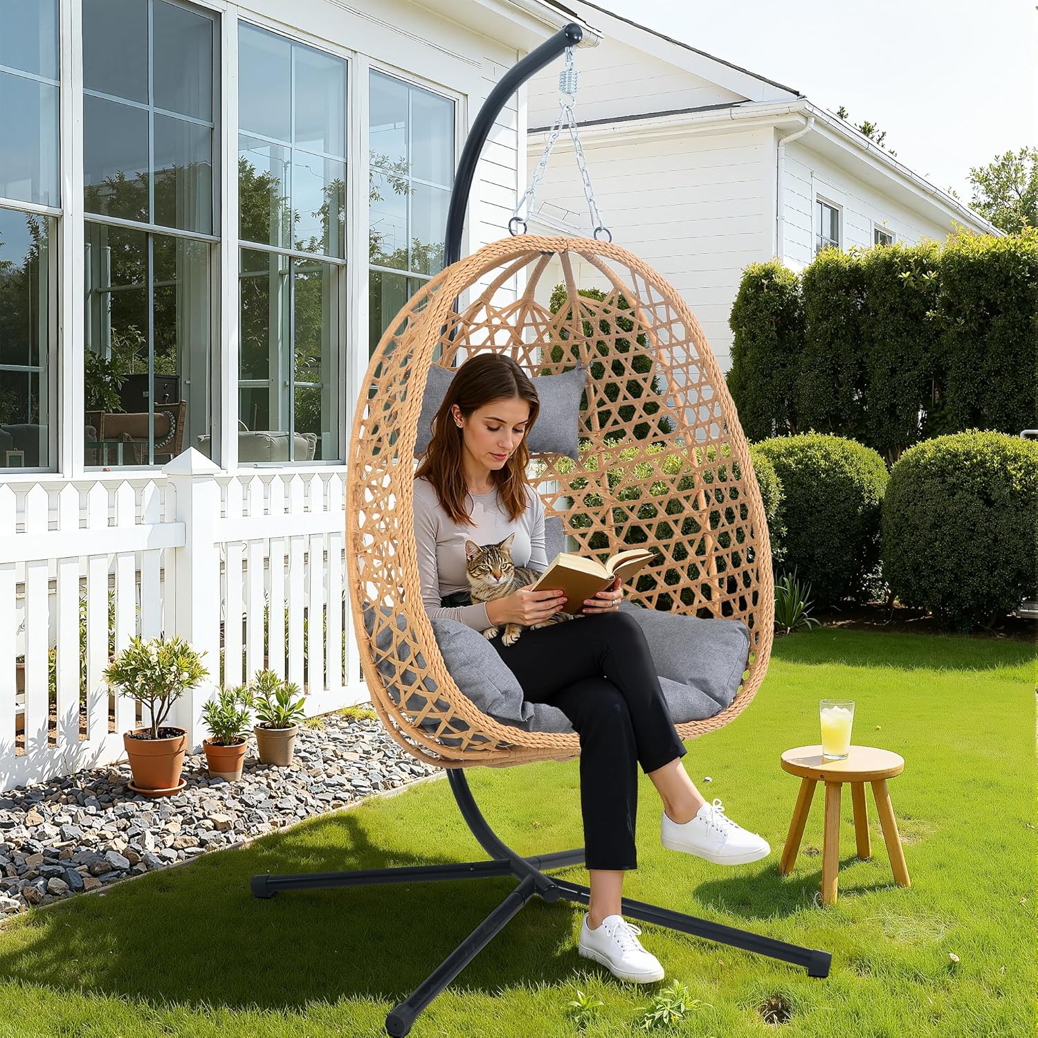 EortheX Hanging Egg Chair with Cushions – Comfortable Rattan Swing Chair with Stand for Patio, Garden, or Balcony – Stylish and Relaxing Outdoor Lounge Chair, 350LBS Capacity Indoor Outdoor