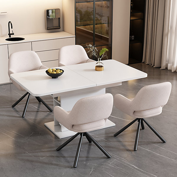 Ensemble table et chaises 120x75x75 cm extensible avec rangement, 4 chaises sherpa, pieds métal, blanc