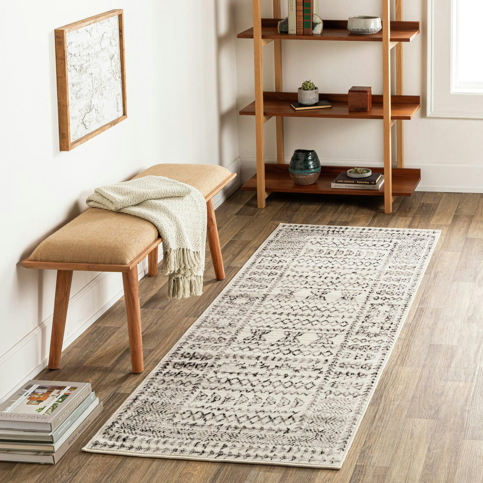 OLIMPIA - Tapis de Couloir Scandinave Bohème Blanc/Noir 80x220