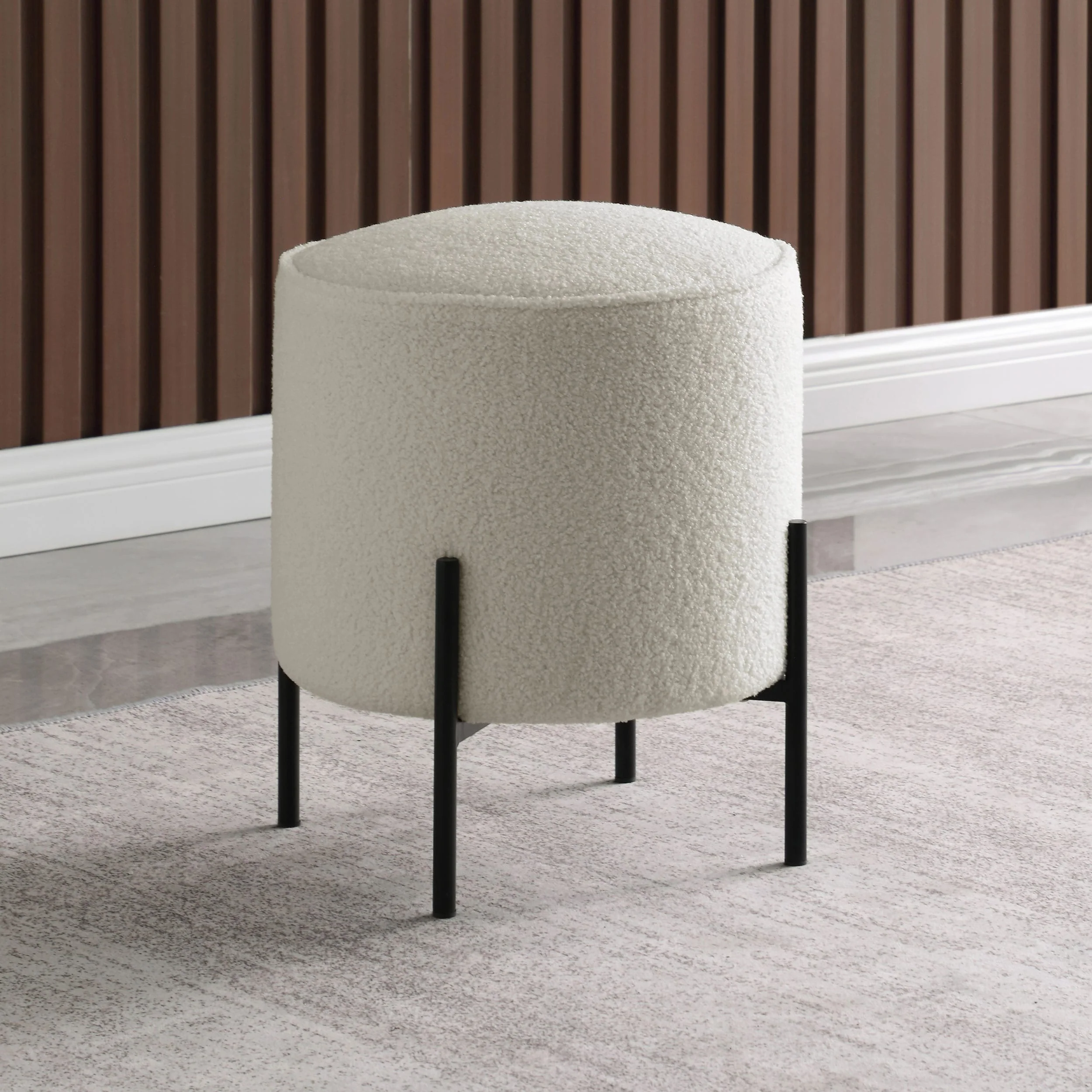 Basye Ivory and Matte Black Round Upholstered Ottoman