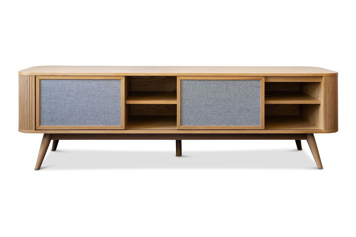 - Meuble TV en bois clair et tissu gris