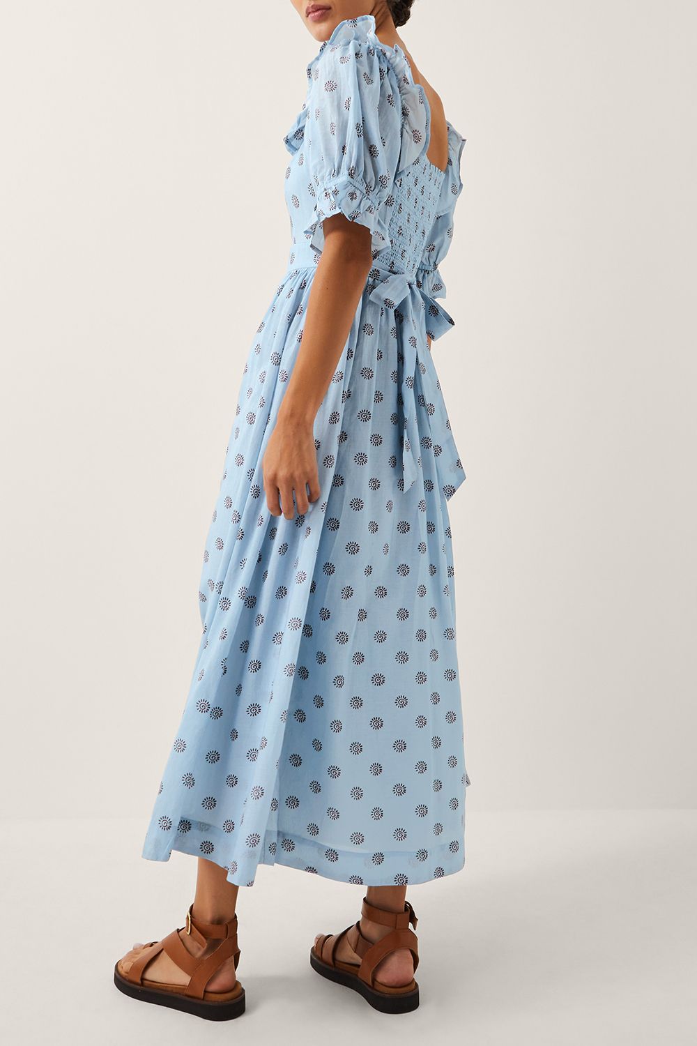 Monsoon The India Edit Matilda Printed Puff Sleeve Midi Dress Blue