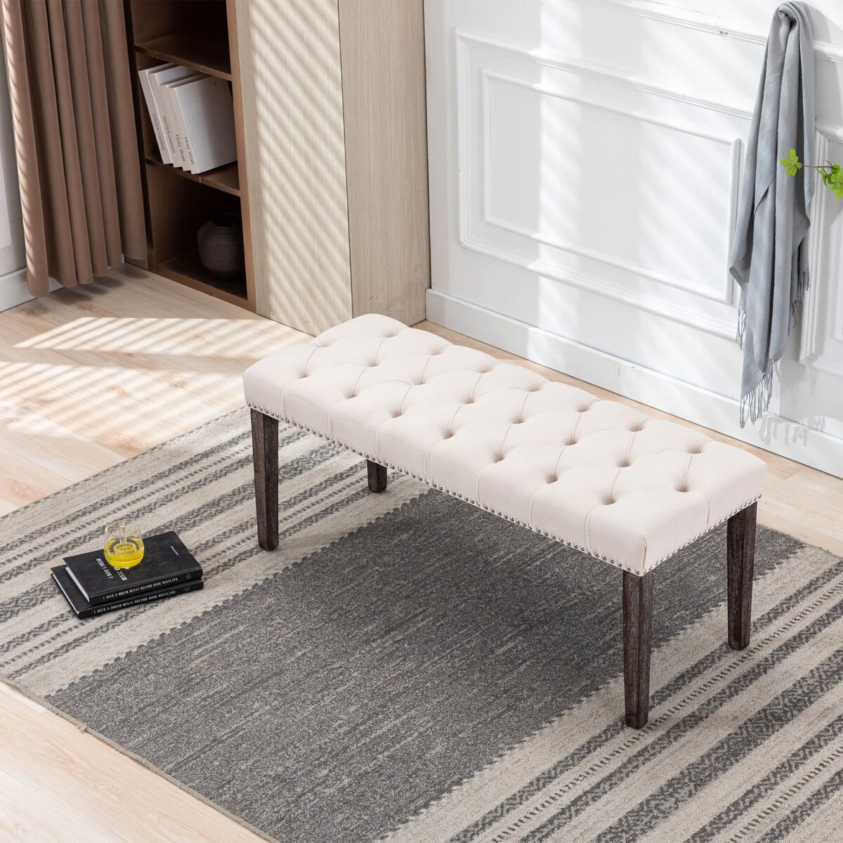 Upholstered Tufted Bench Ottoman, Velvet Dining Bench for Entryway Dining Room Living Room