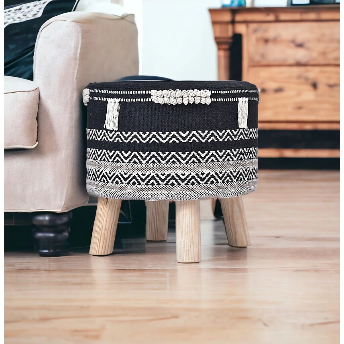 Black and White Cotton Chevron Ottoman with Natural Wood Legs 16 Inch Round