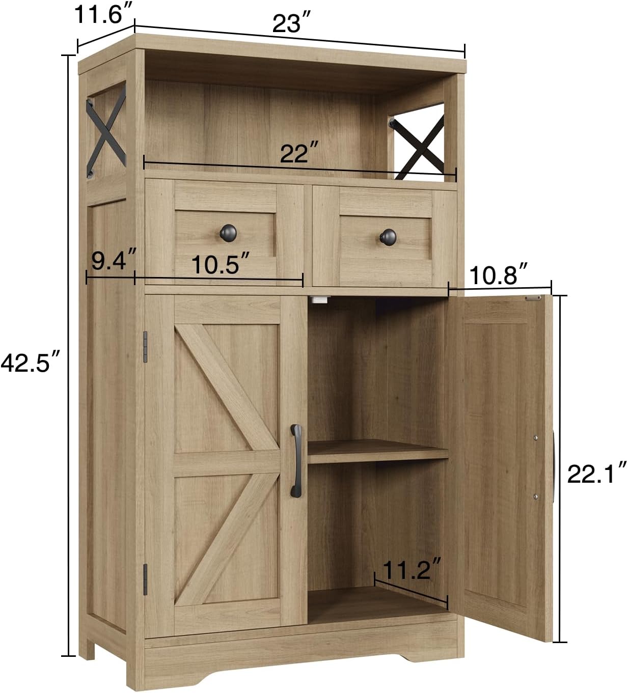 FiveWillowise Natural Storage Cabinet with Doors and Shelves, Standing Kitchen Pantry Cabinet, Floor Storage Hutch Cupboard, Coffee Bar Station for Dining, Living Room, Home Office