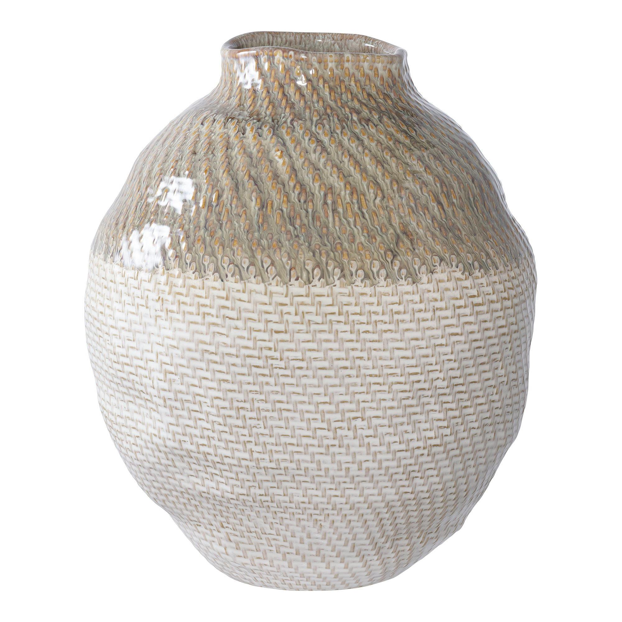 Vase rond vert et blanc, effet vannerie