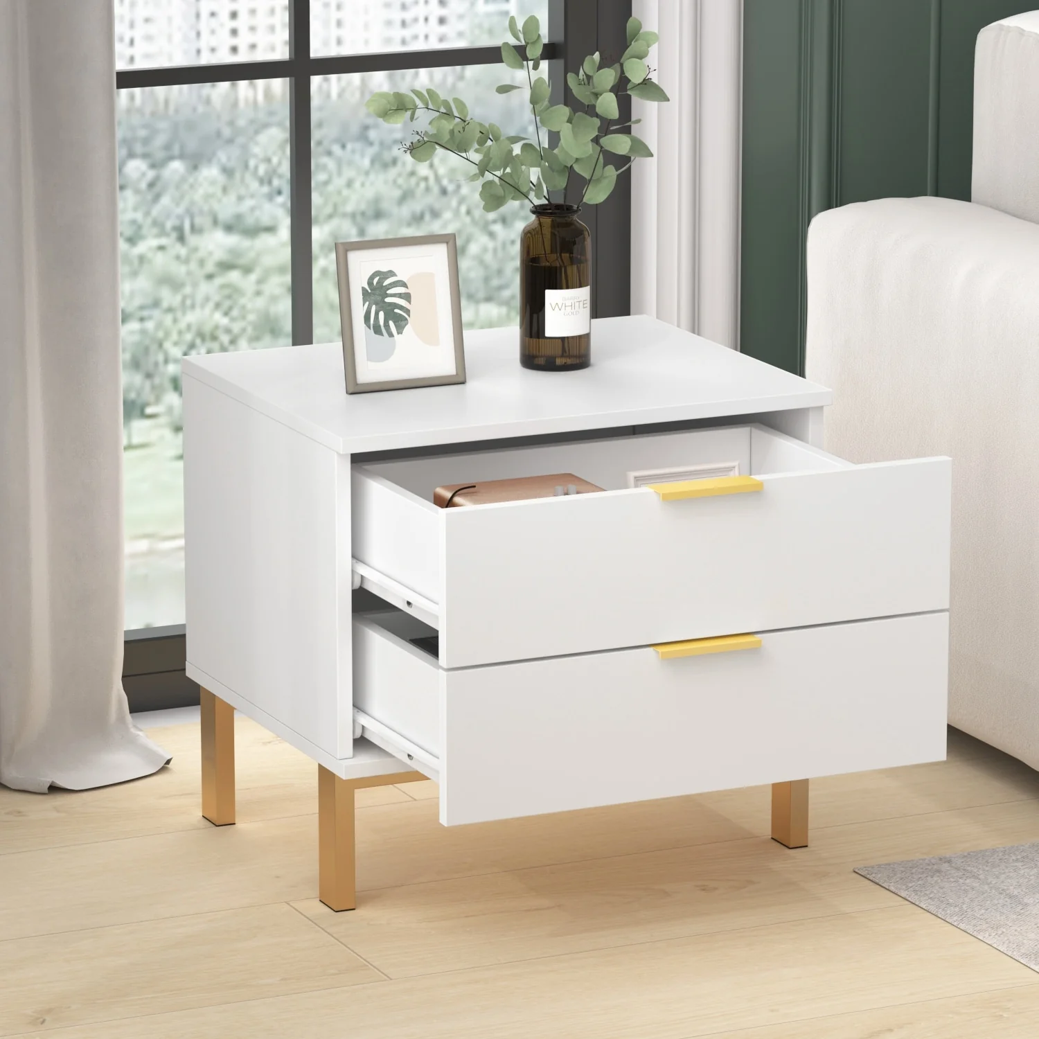 Timechee Nightstand Bedside Table w/ 2 Drawers and Metal Legs, White
