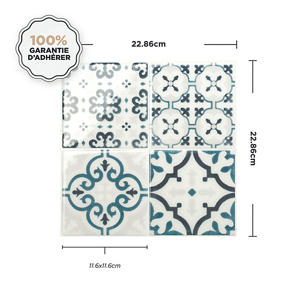 Crédence Adhésive Cuisine et Salle de Bain x4 - Carrelage Mural Smart Tiles, Bleu - 22,86 x 22,86cm