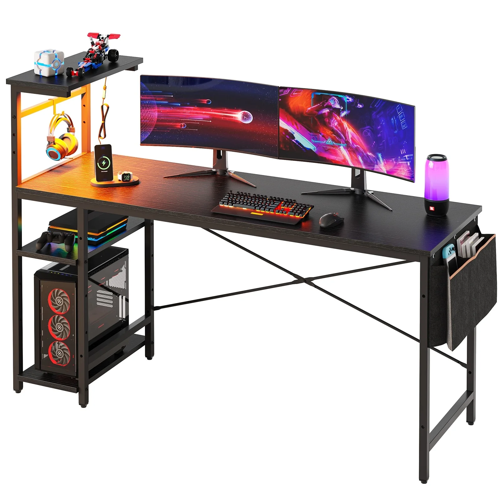 61 Gaming Desk Computer Desk with LED Lights Storage Shelves and Side Bag Home Office Desk