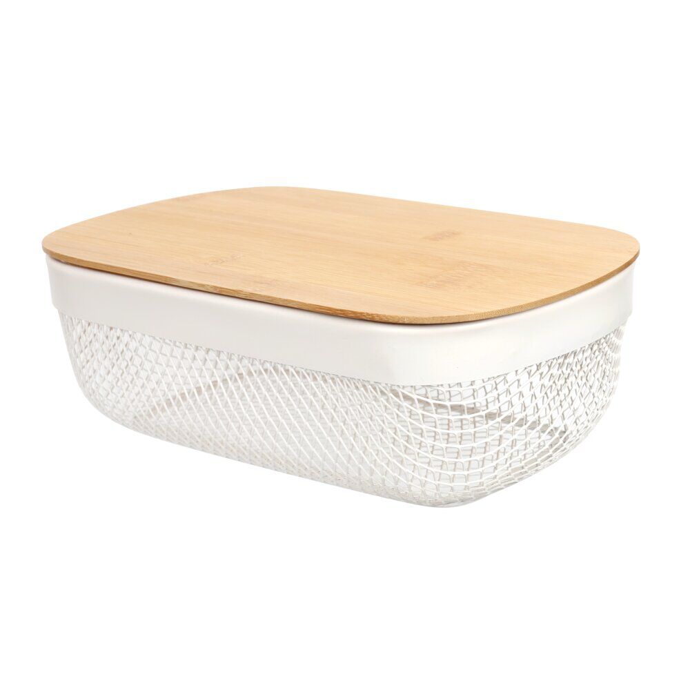 Corbeille cuisine 3L métal grillagé blanc avec couvercle bambou 28x18xH9cm