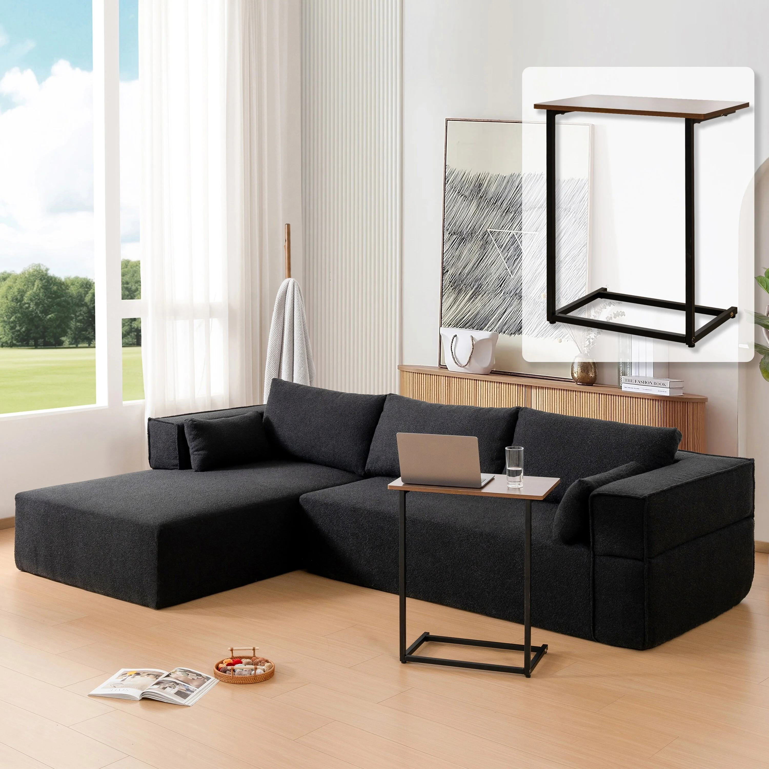 Modern Modular Sofa with Boucle Upholstery Cushion and Free Side Table for Living Room or Guest Room, No Assembly