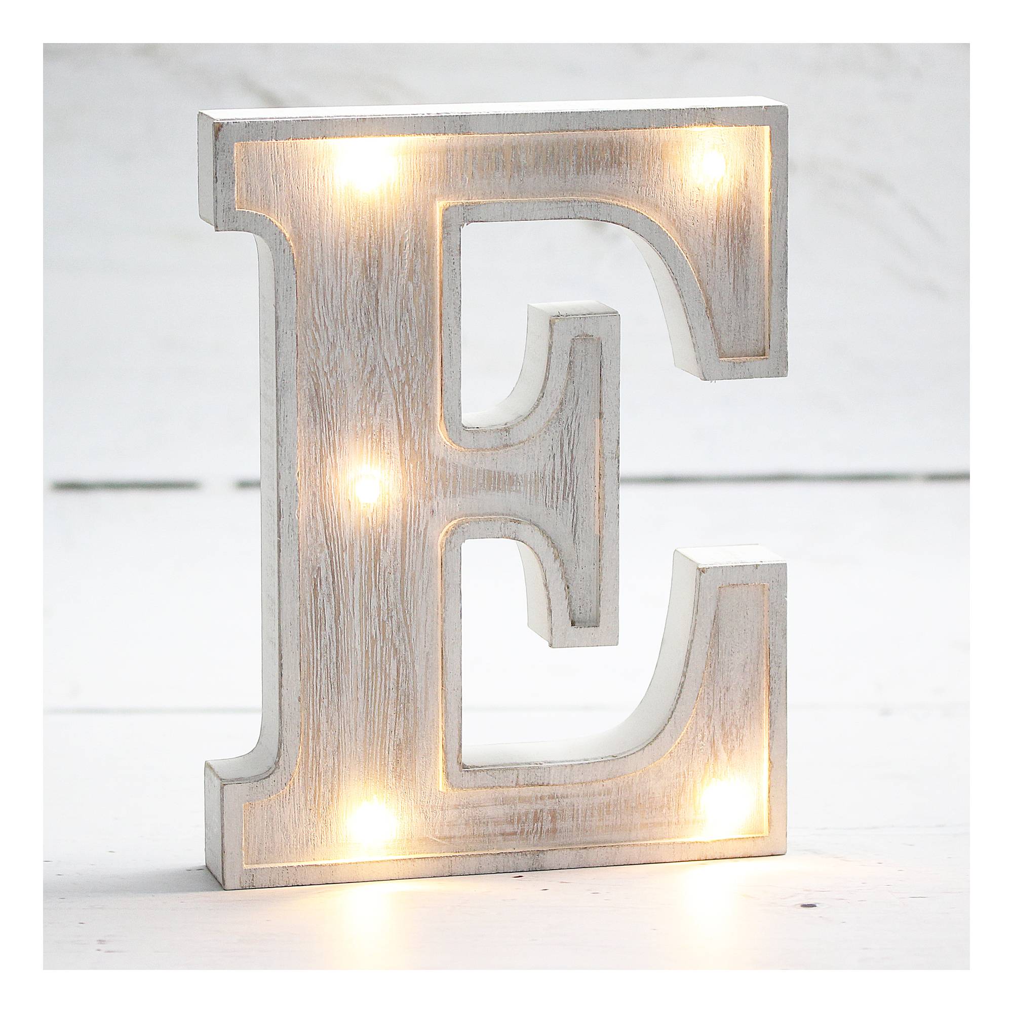 White-Washed Wooden LED Letter E 21cm