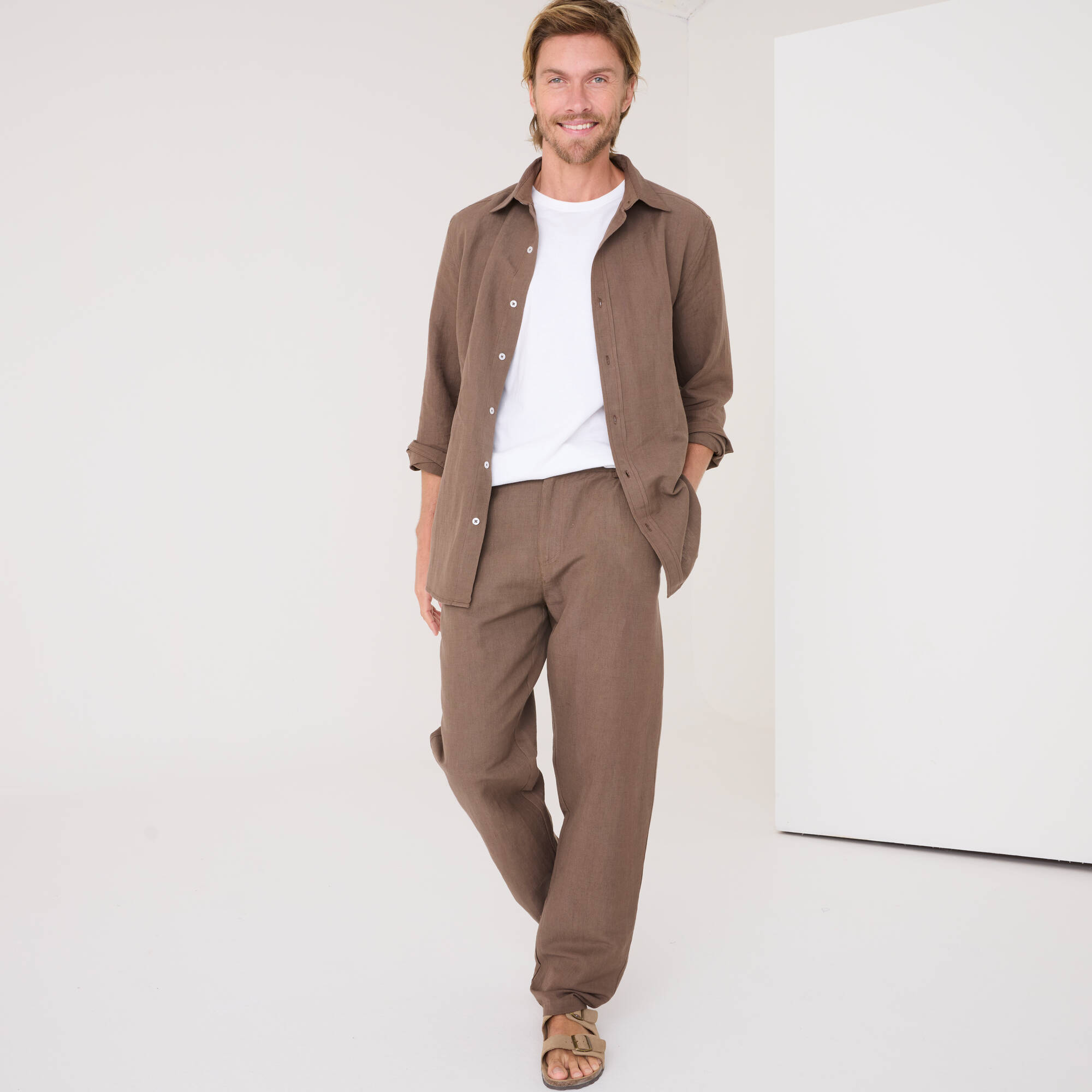 Pantalon coton lin ceinture 3/4 élastiquée