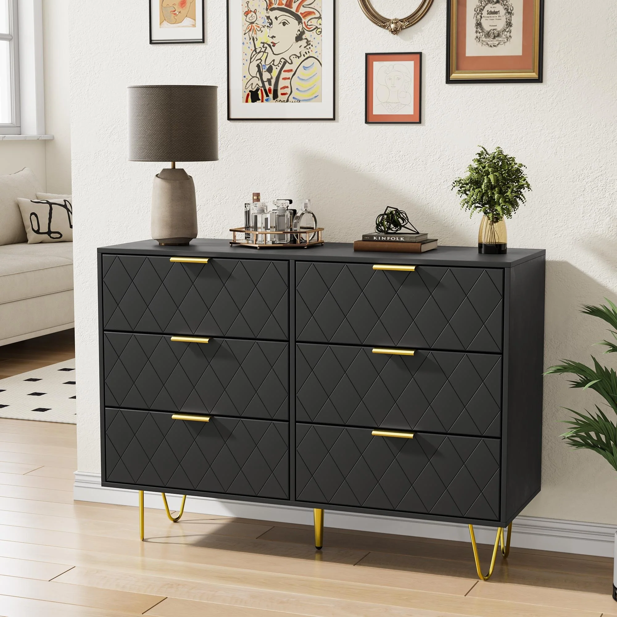Modern 6-Drawer Double Dresser, Wooden drawers with Gold Handles, Chest Dresser with Deep Drawers for living room