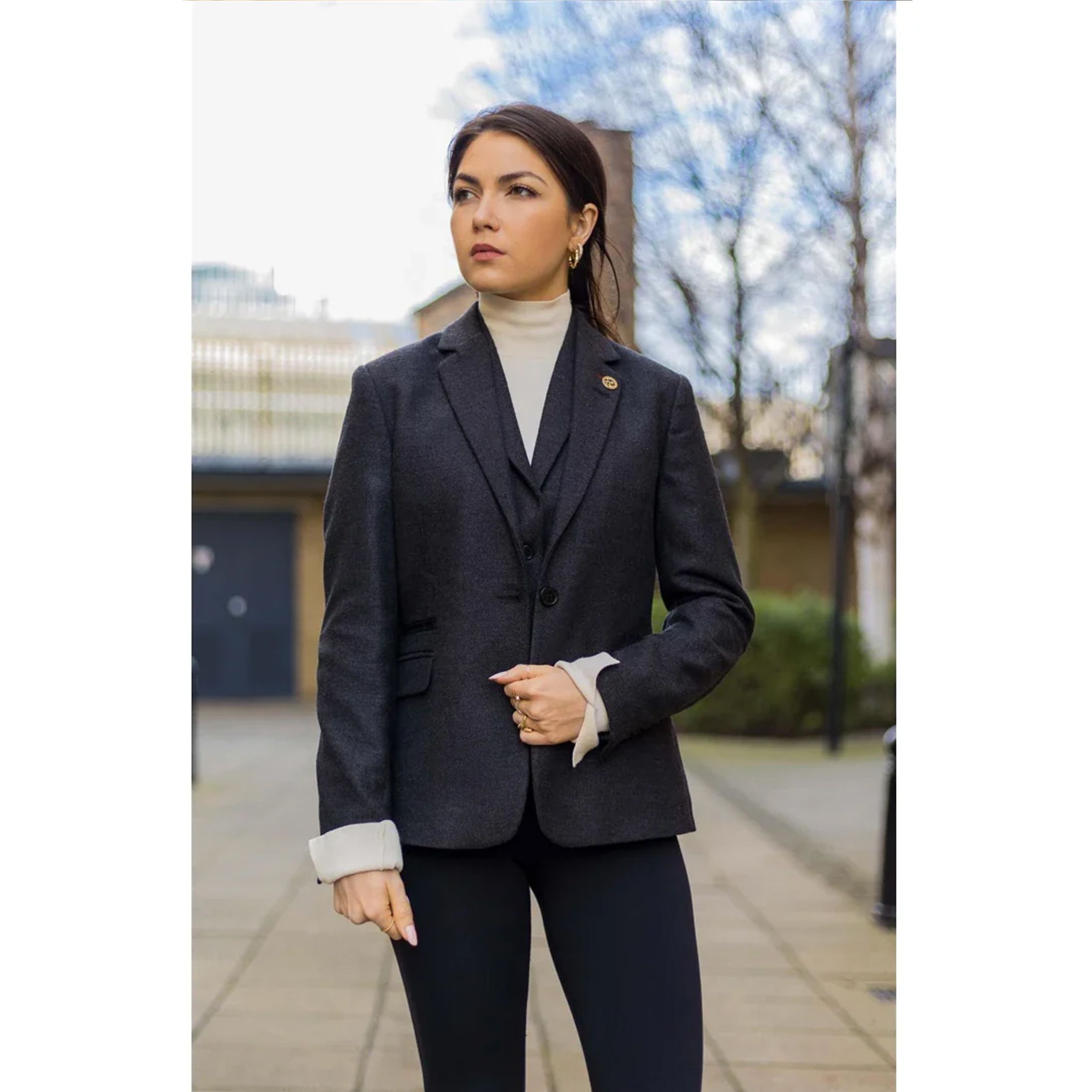 Infinity Leather Womens Herringbone Check Tweed Wool Blend Blazer