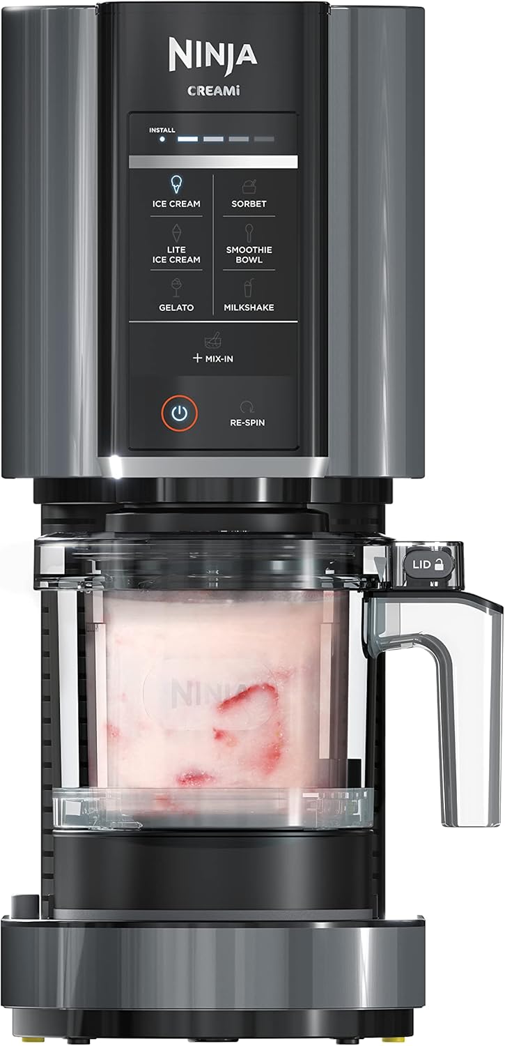 Ninja CREAMi, Ice Cream Maker, Ice Cream, Gelato, Sorbet,Milkshakes, Mix-ins, Smoothie Bowls & More, 7-in-1, Ice Cream Pints, Pint lid, Healthy Ice Cream, Compact, Perfect for Kids, Black, NC299AMZ