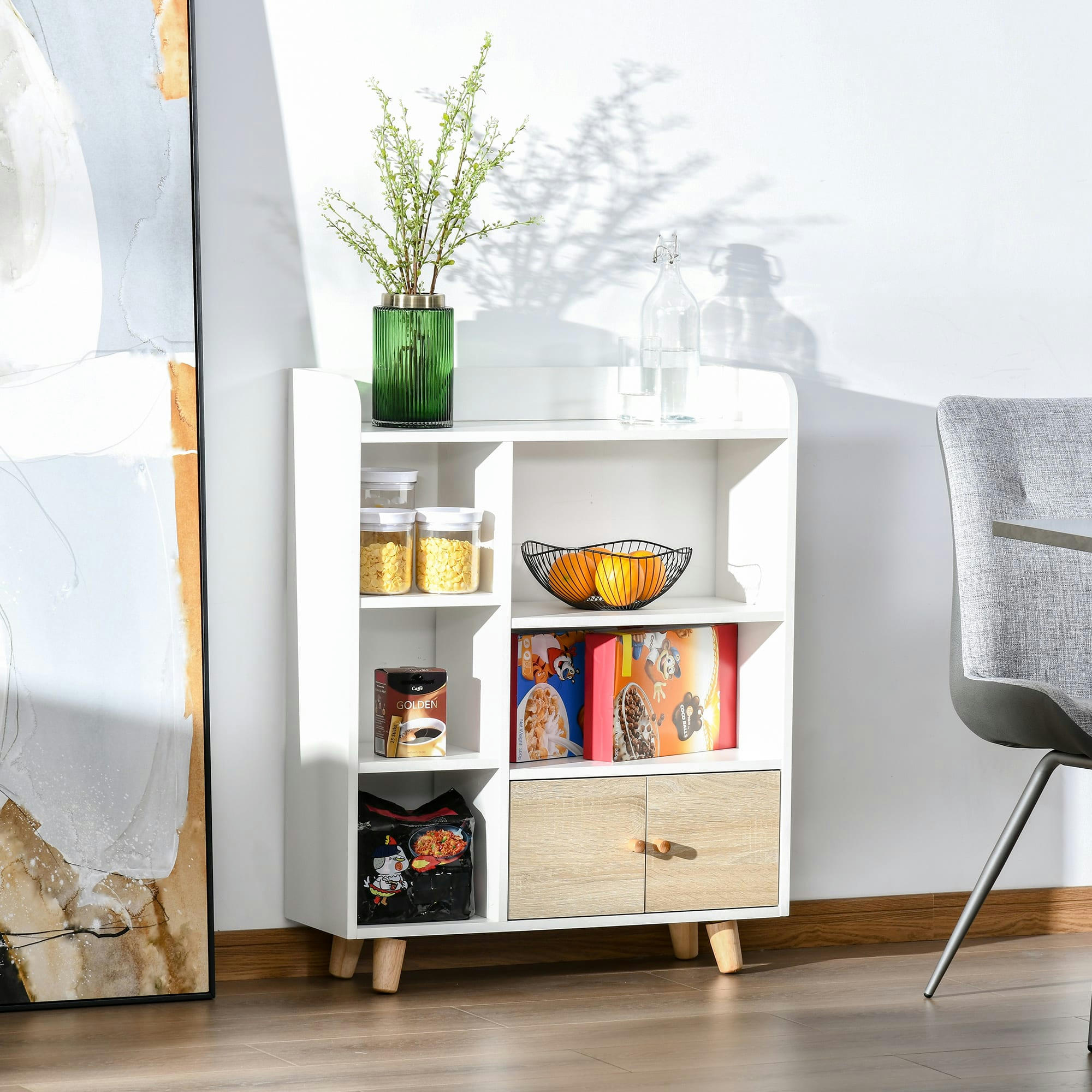 - Bibliothèque scandinave 3 niches 2 étagères 2 portes blanc bois clair