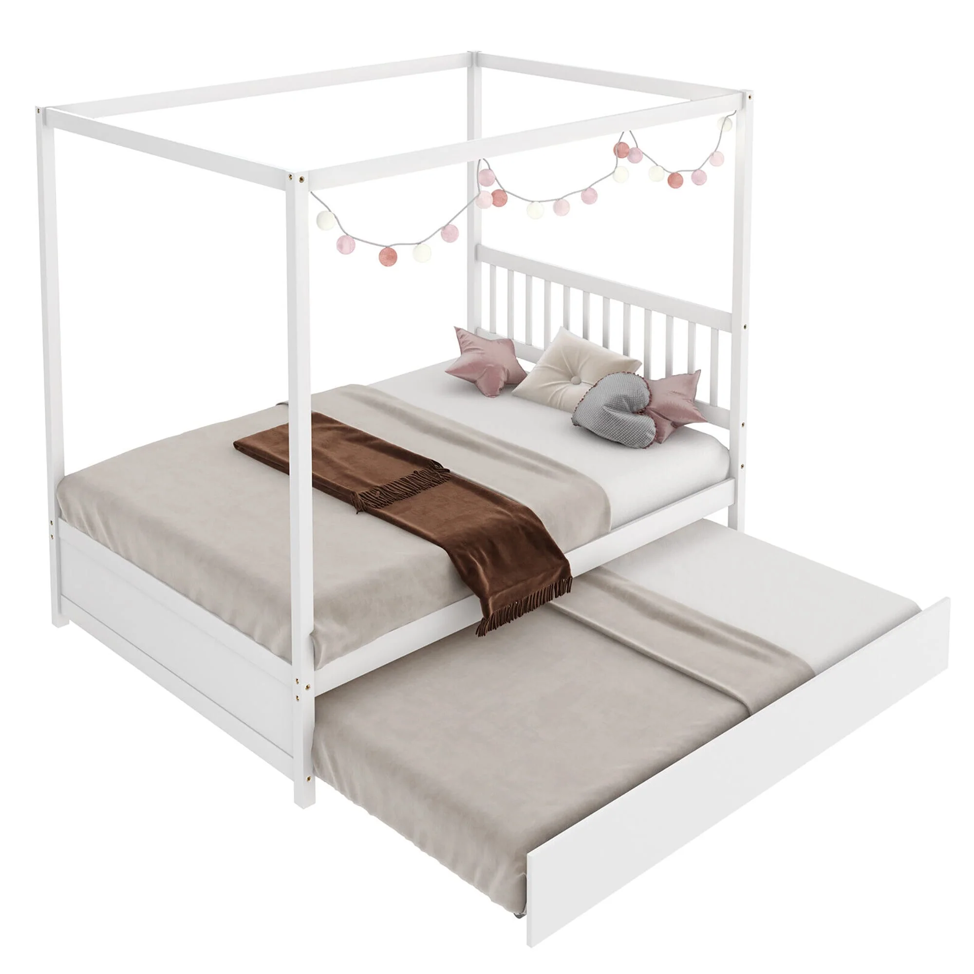 Gymax Full Size Canopy Bed with Trundle Wooden Platform Bed Frame