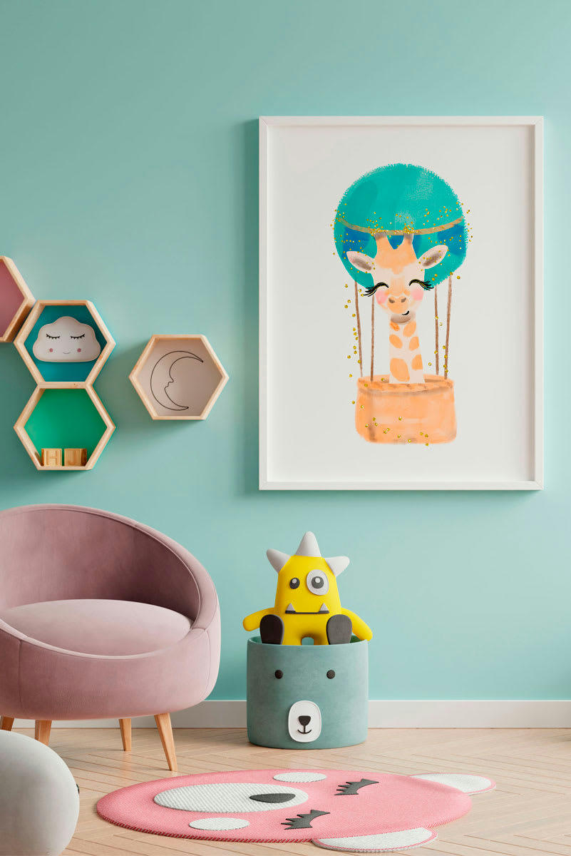 DECOWALL - Impression de girafe ballon encadrée en bois blanc 43X33 cm