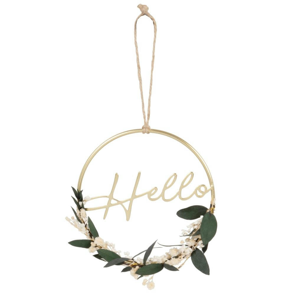 HELLO - Déco murale couronne en métal doré et fleurs séchées beiges et vertes 30x40