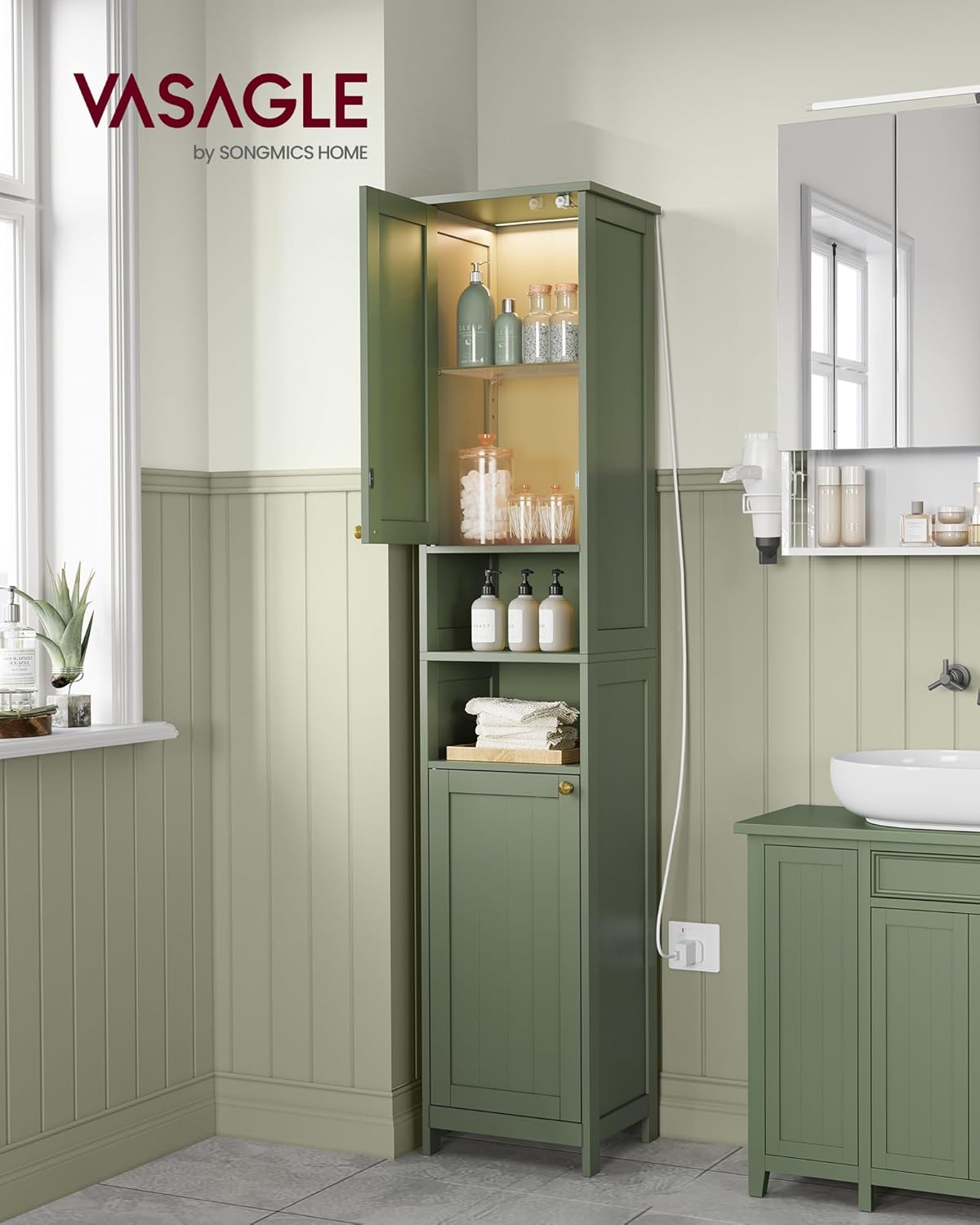 VASAGLE Tall Bathroom Cabinet with Lights, Slim Freestanding Bathroom Storage Cabinet with Adjustable Shelves, for Small Spaces, Modern, 15.7 Inches Wide, Forest Green UBBC766C01