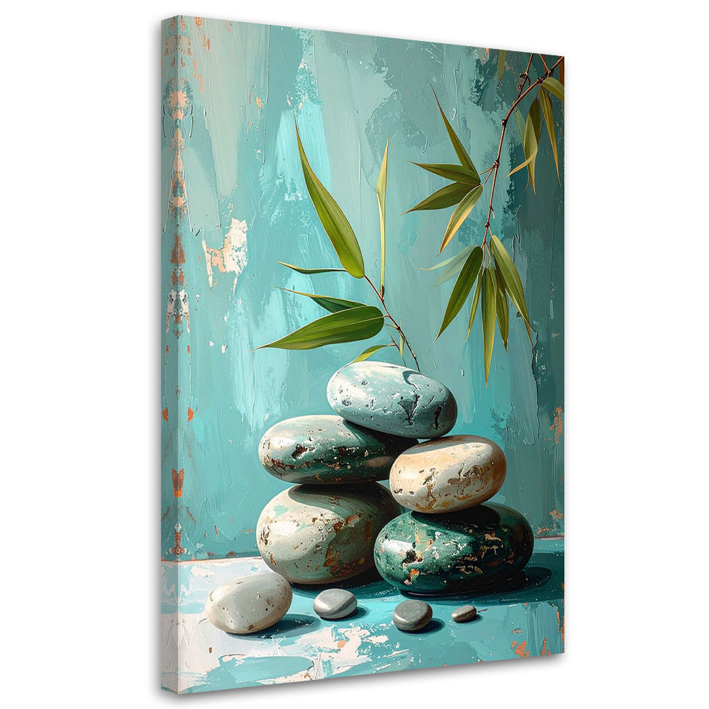 Obraz do salonu sypialni, Kamienie zen spa liście na turkusowym tle 20x30
