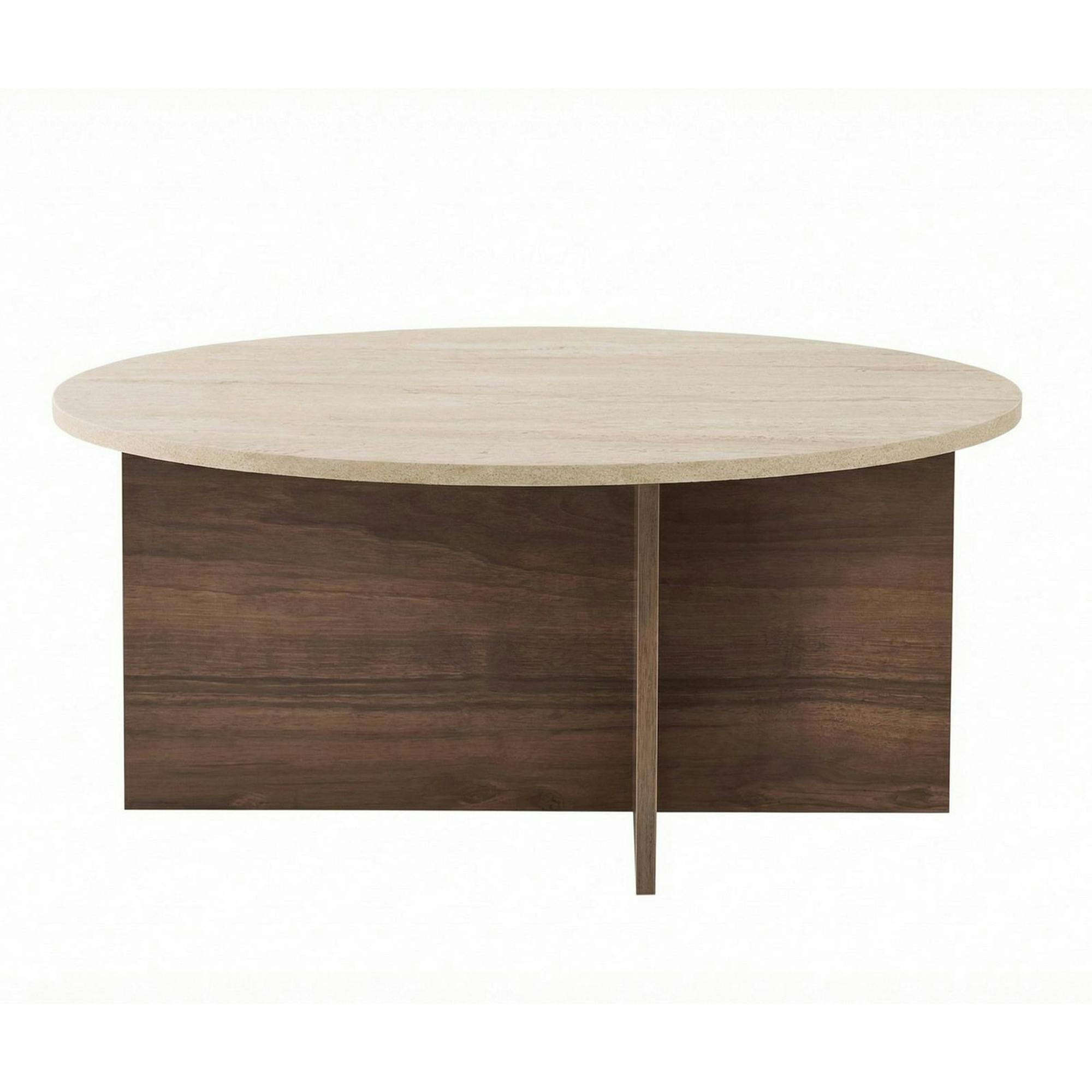 Table basse ronde décor travertin et noyer MARFA