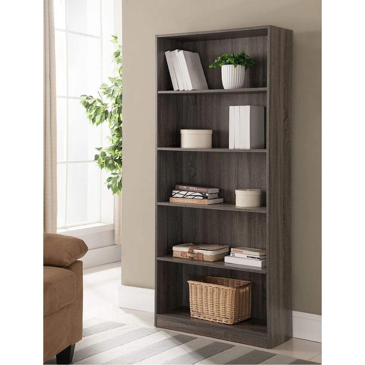 Five Shelf Wooden Bookcase Display Cabinet With Bottom Front Molding Grey Color