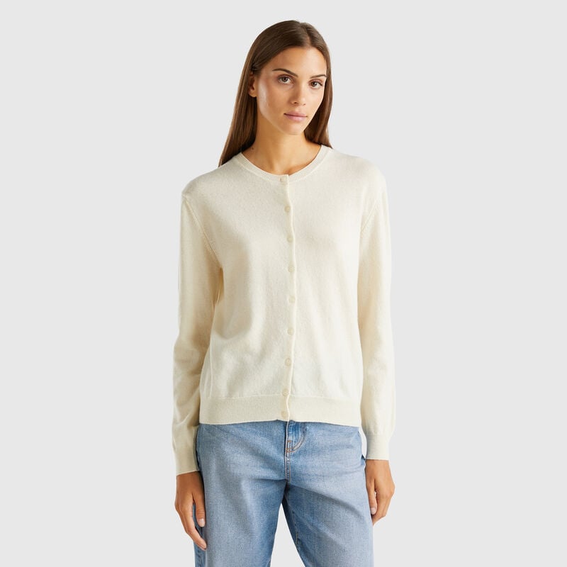 Cream crew neck cardigan in pure Merino wool