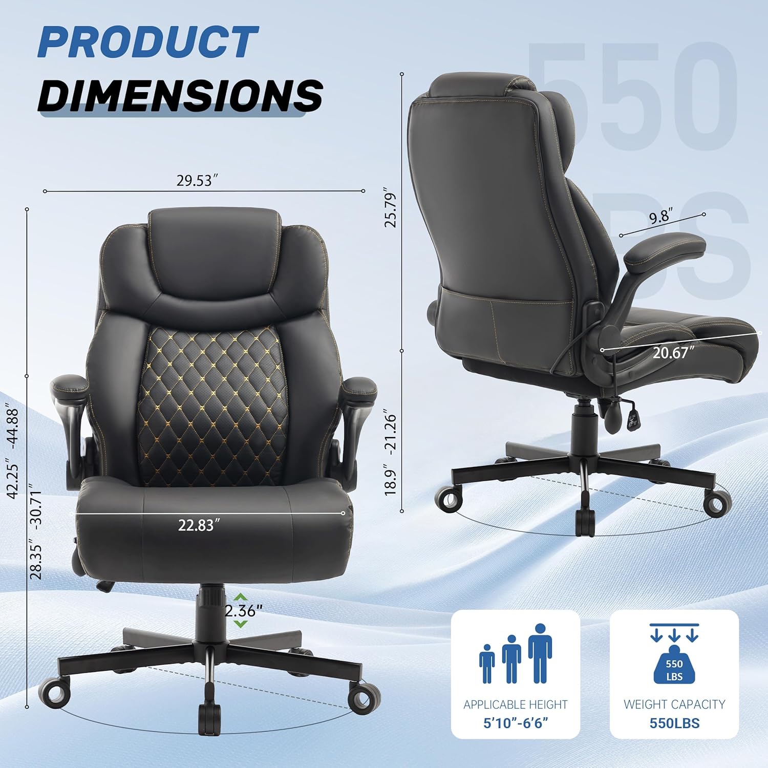 550LBS Big and Tall Office Chair, Comfy Heavy Duty Executive Chair with Adjustable Lumbar Support Double Spaces Casters, PU Leather Extra Wide Seat Ergonomic Computer Desk Chair for Back Pain, Black