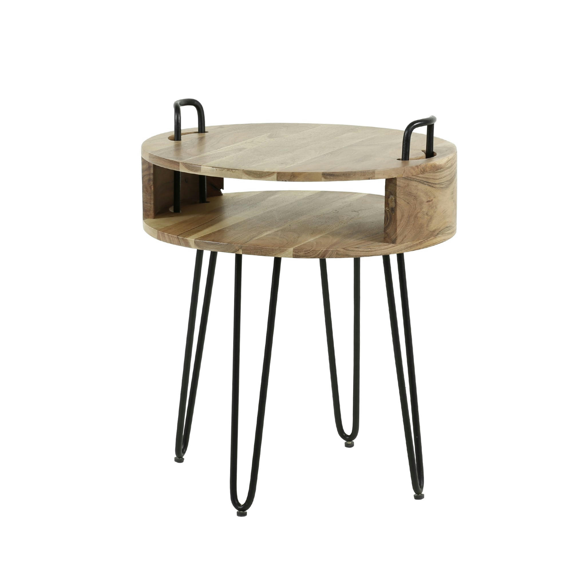 - Table de chevet ronde en bois massif avec pieds en métal naturel