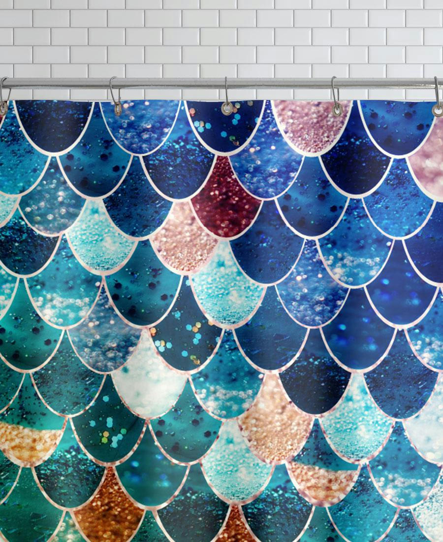 MERMAID TIFFANY - Rideau de douche en polyester en bleu & vert 150x200