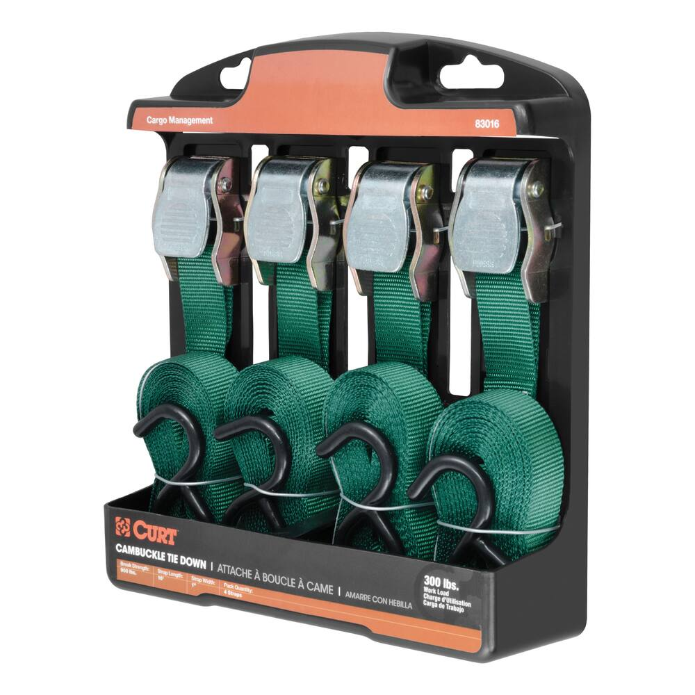 CURT Cargo Straps w/ S-Hooks, Dark Green, 300-lb, 16-ft, 4-pk