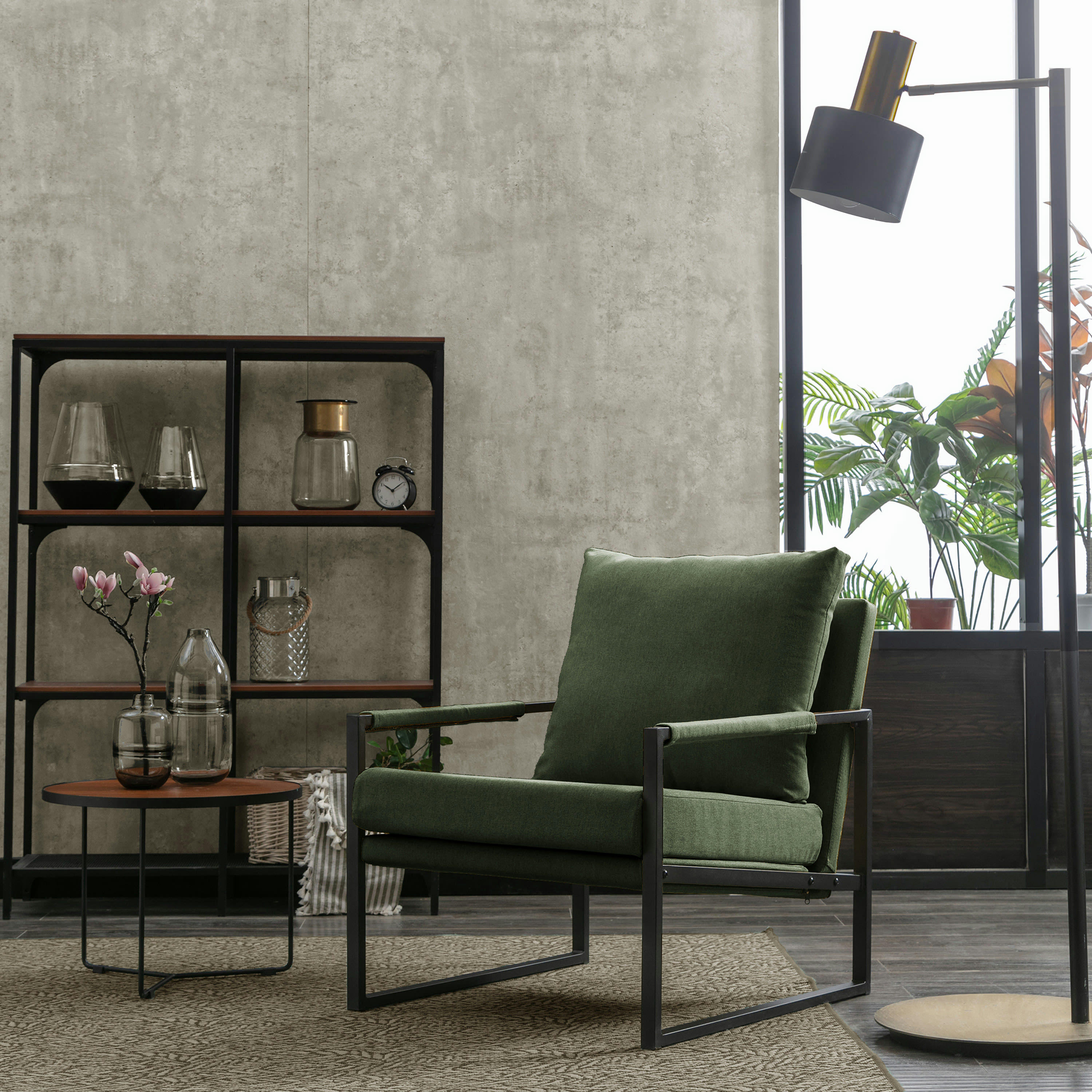 SCOTT - Fauteuil lounge en tissu Sauge et métal noir