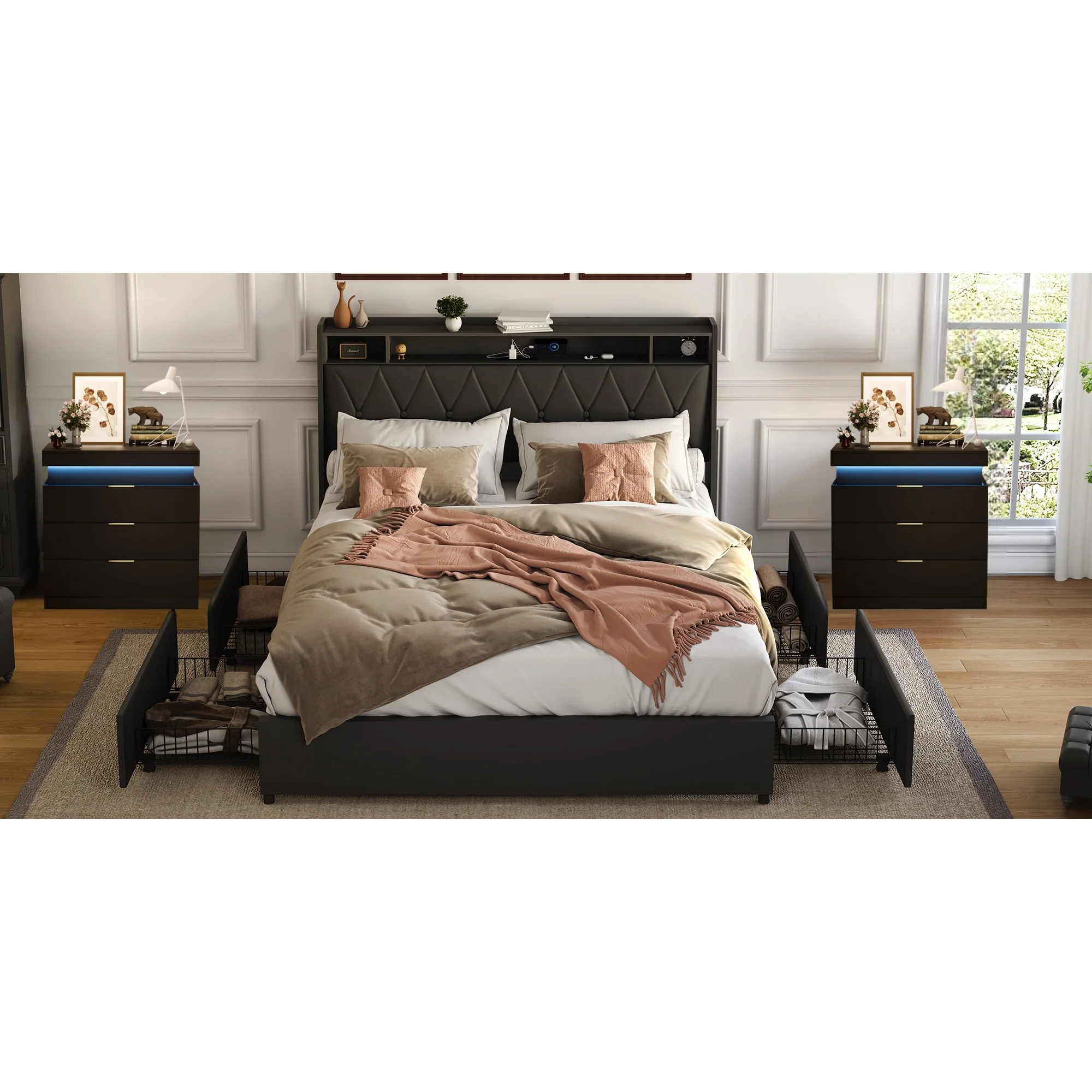3-Pieces Bedroom Sets,Metal Bed Frame with Outlets, Charger, 4 drawers and Two Nightstands with Charging Station and LED Lights