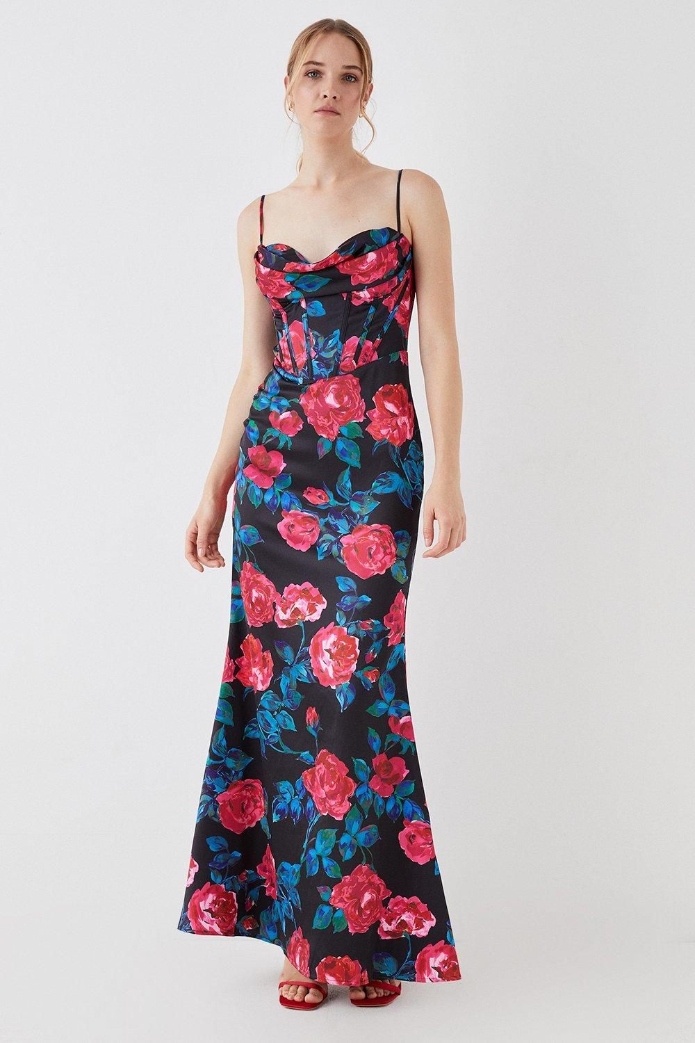 Coast Rose Print Corset Cowl Front Maxi Dress