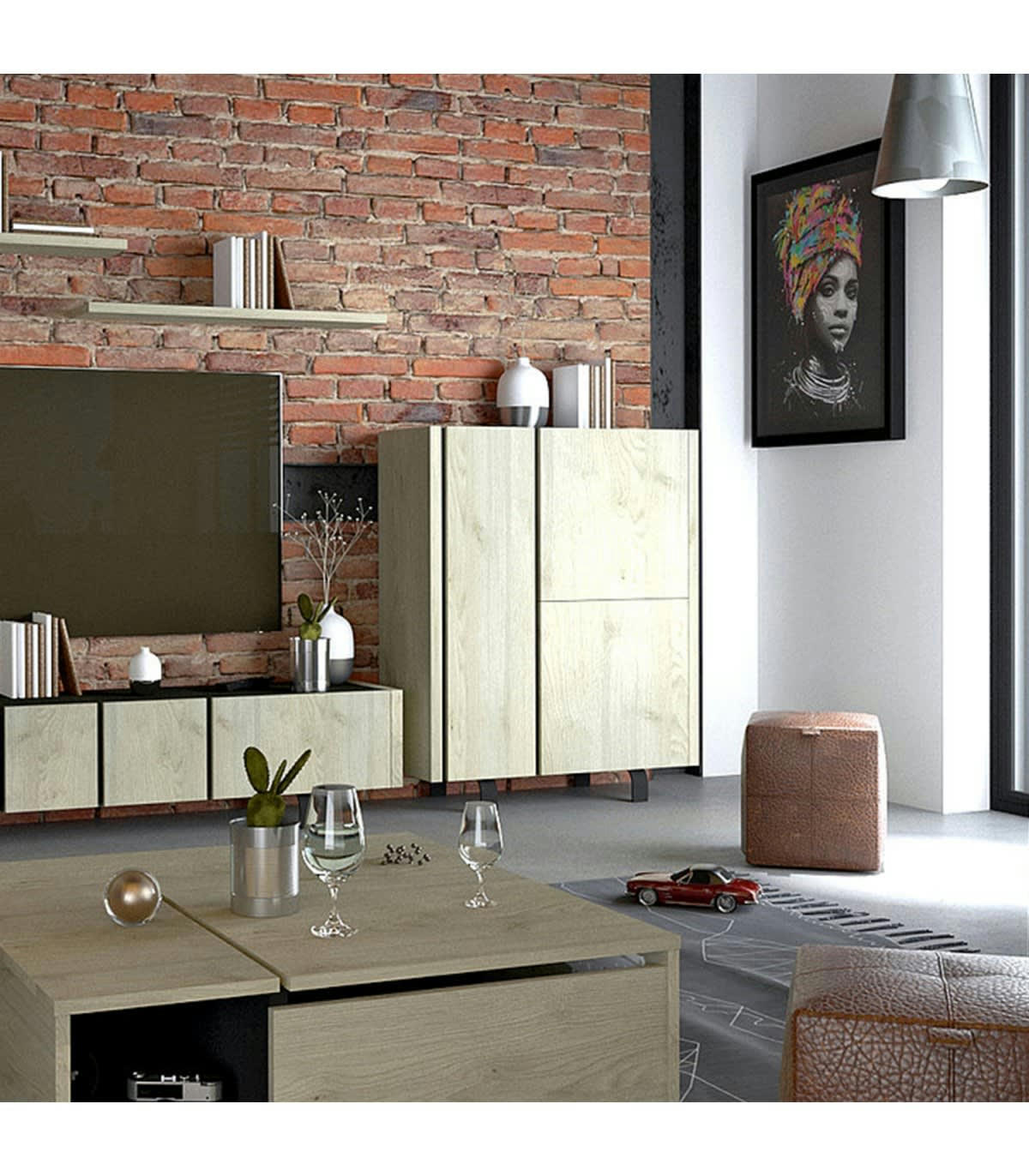 RUSH - Buffet 3 portes effet Chêne et Intérieur Noir